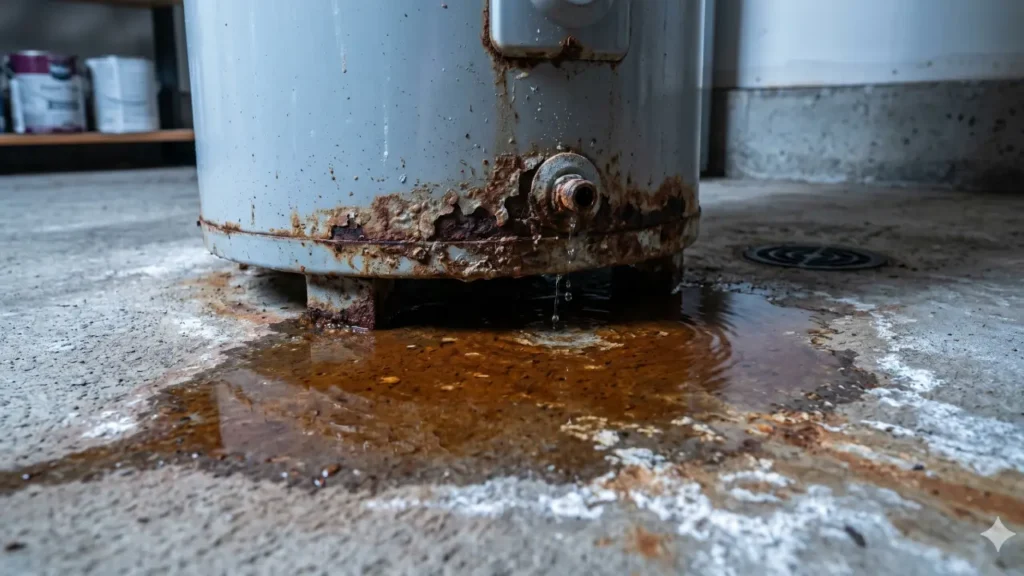 Rusted and leaking traditional water heater on a concrete floor, indicating the need for emergency water heater repair in Buda, TX.